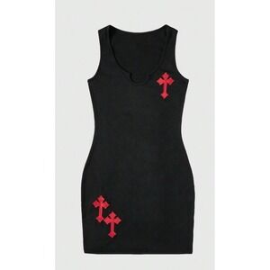 ROMWE Grunge Punk Gothic Black Red Cross Notched Neck Ribbed Dress Size L